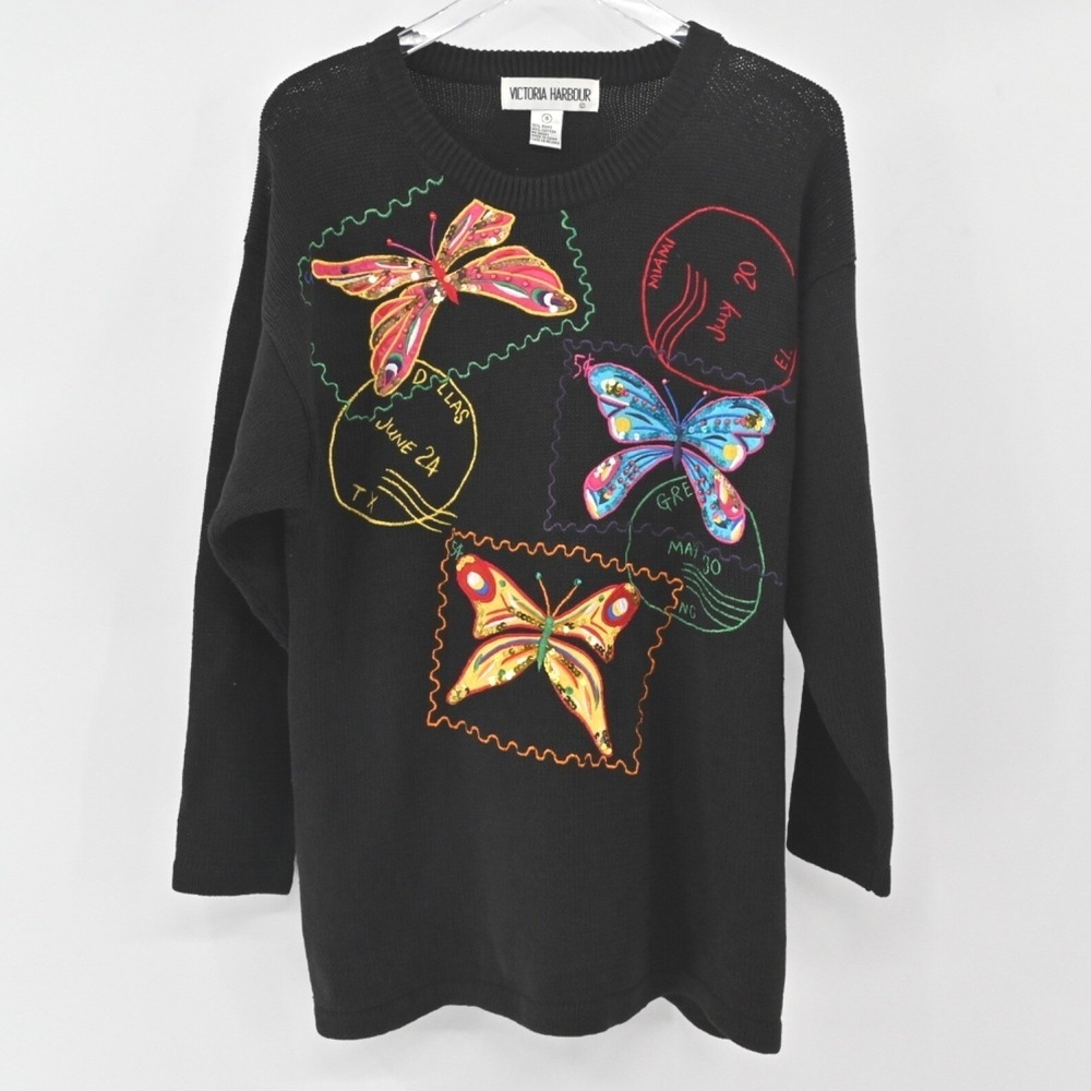 Vtg 80s Butterfly Embroidered‎ Sweater Womens Size S Art Teacher Black Stamps